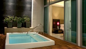 A modern indoor pool with a metal ladder, surrounded by potted plants and wooden flooring. - 5 star Diamond Private Residence Club (Marina Vallarta)