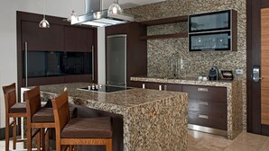 A modern kitchen with granite countertops, stainless steel appliances, and a built-in TV. - 5 star Diamond Private Residence Club (Marina Vallarta)