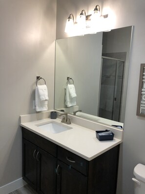 Une salle de bain avec un lavabo blanc, des meubles sombres, un miroir et des toilettes.
