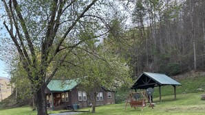 Une cabane rustique avec un toit végétalisé, une balançoire et un espace de repos abrité, le tout situé dans un champ verdoyant.