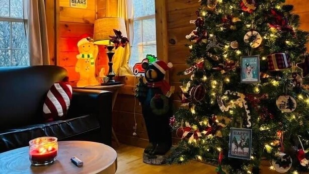 L’intérieur chaleureux d’un chalet avec un sapin de Noël décoré, des murs en bois, une cheminée et un coin salon confortable.