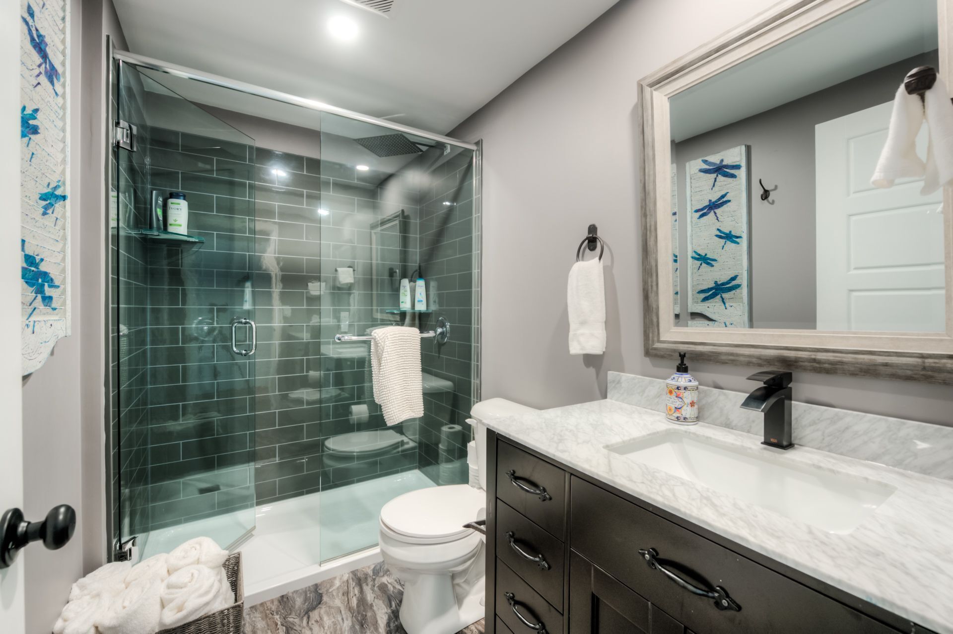 Shower, rainfall showerhead, hair dryer, towels