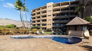 A hotel with a swimming pool, palm trees, and a mountainous backdrop.