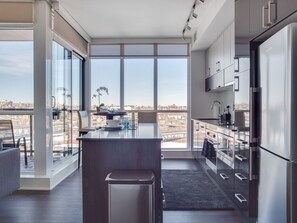 Full-sized fridge, microwave, oven, stovetop