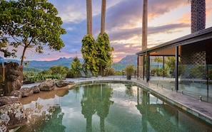 A pool with clear water, surrounded by tropical plants and a stone statue.
