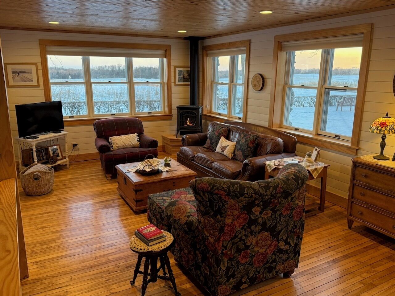 Télévision LED, cheminée, lecteur de DVD, table de tennis de table