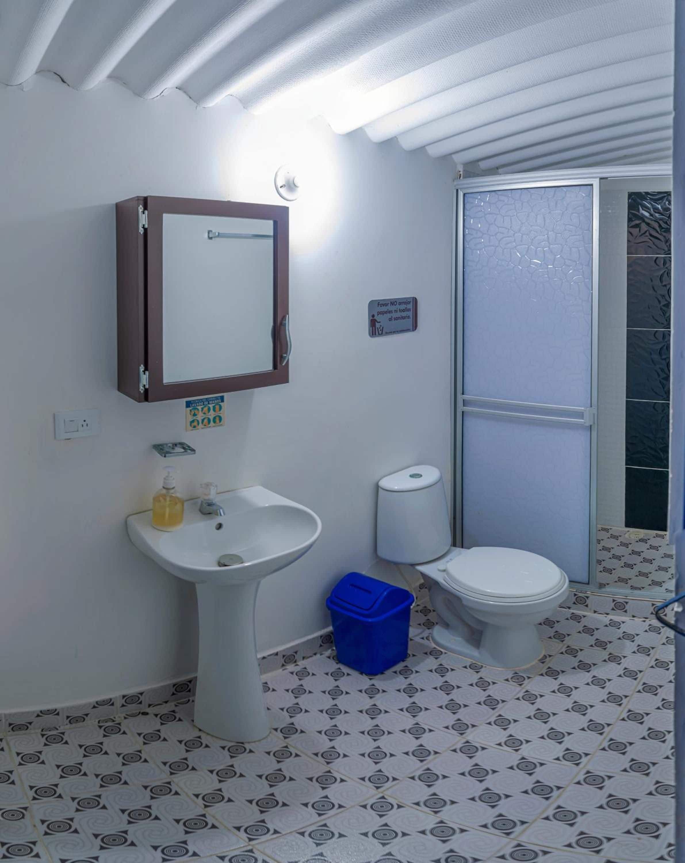 A bathroom with a pedestal sink, a toilet, a blue trash bin, and a shower area.