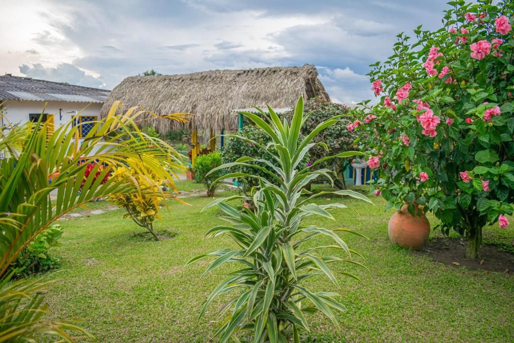 Un jardín con una estructura de techo de paja, diversas plantas y una maceta grande con flores rosadas.