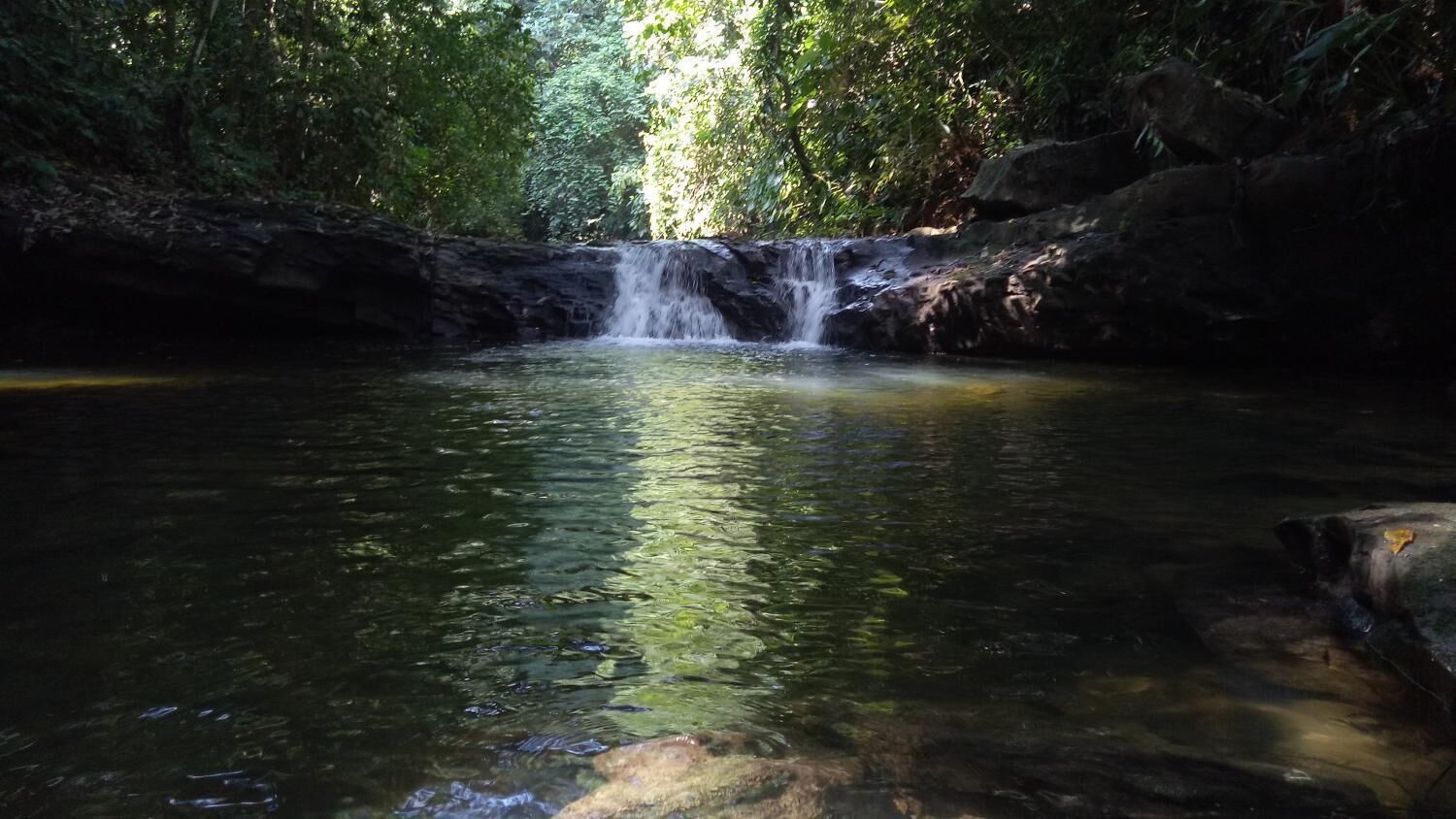 A waterfall in a forested area with clear water reflecting the surrounding trees.