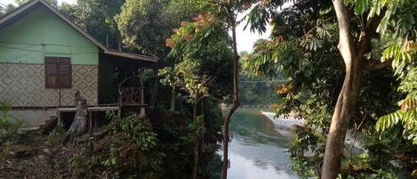 A riverside view with a house partially obscured by foliage.