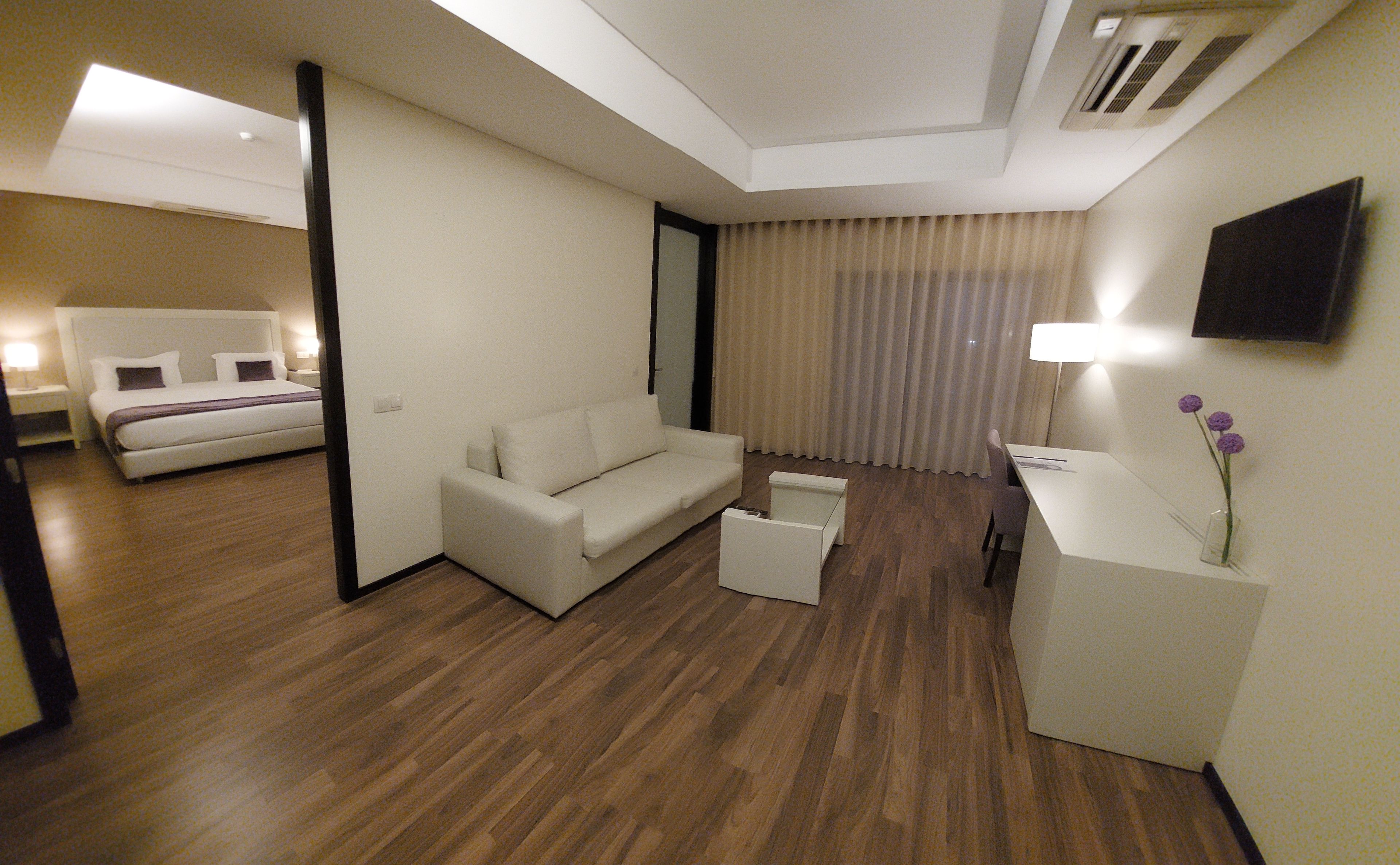 Een moderne hotelkamer met een bed, een bank, een bureau en een televisie.