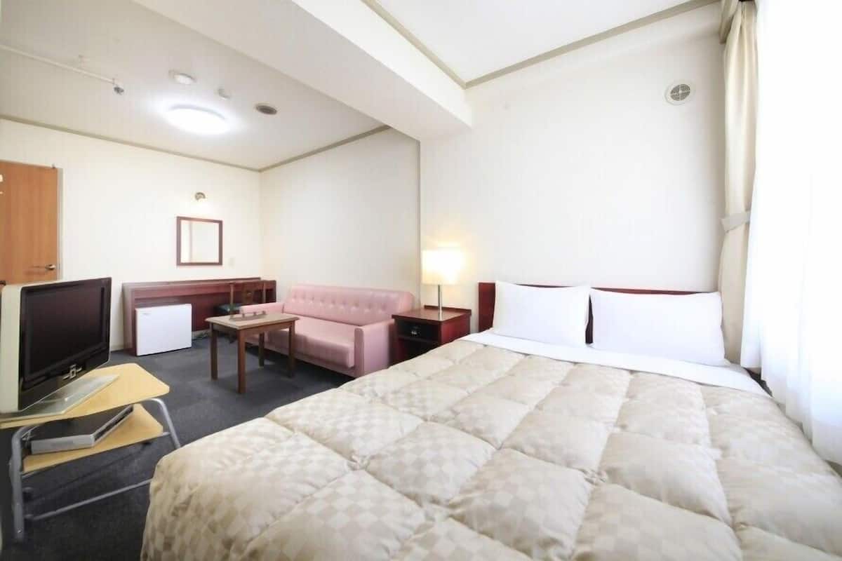 A hotel room with a bed, a television, a desk, a chair, and a sofa.