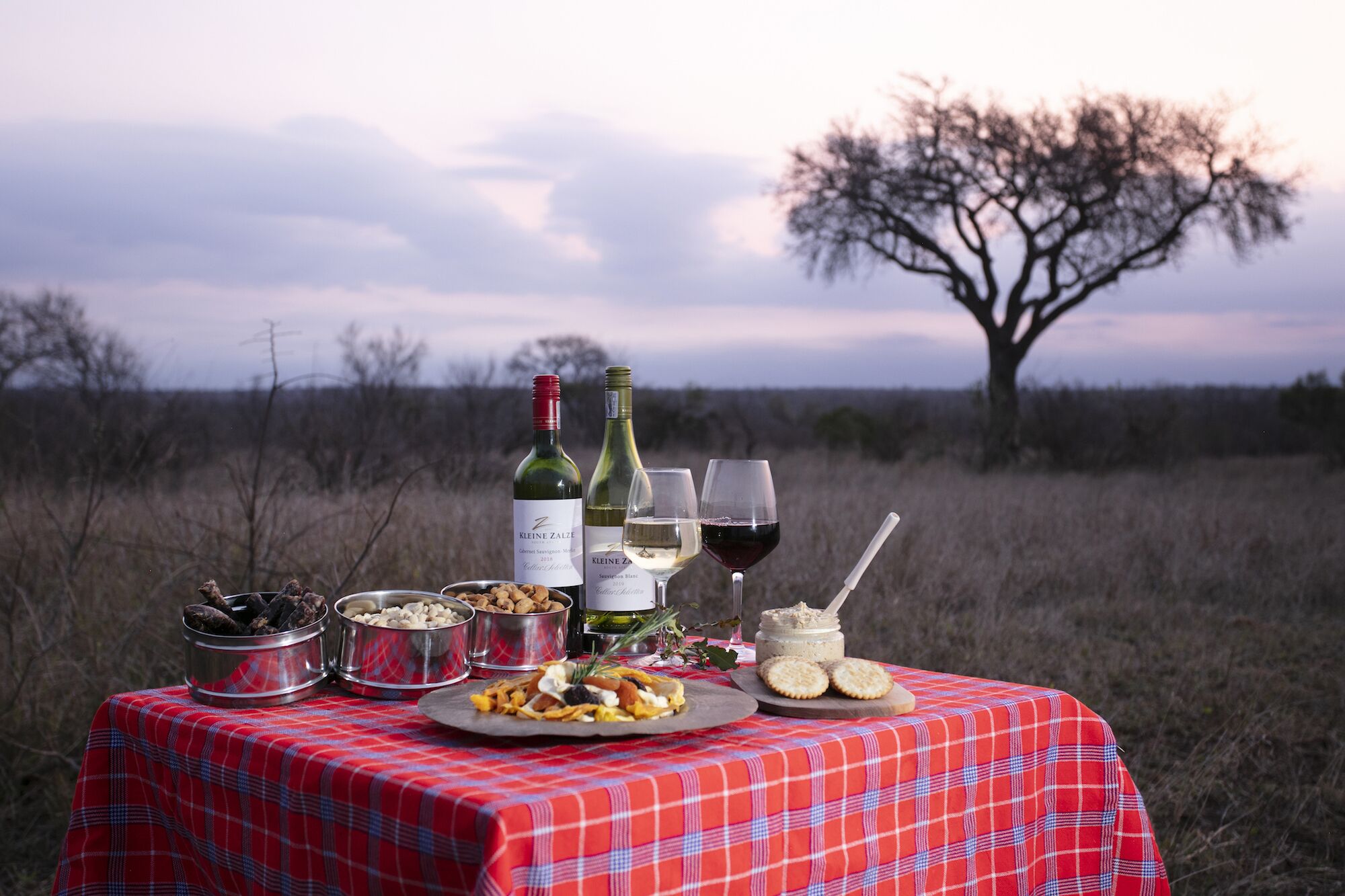 Un montaje para picnic con mantel a cuadros rojos, botellas de vino, vasos y recipientes de comida en un campo abierto con un árbol de fondo.