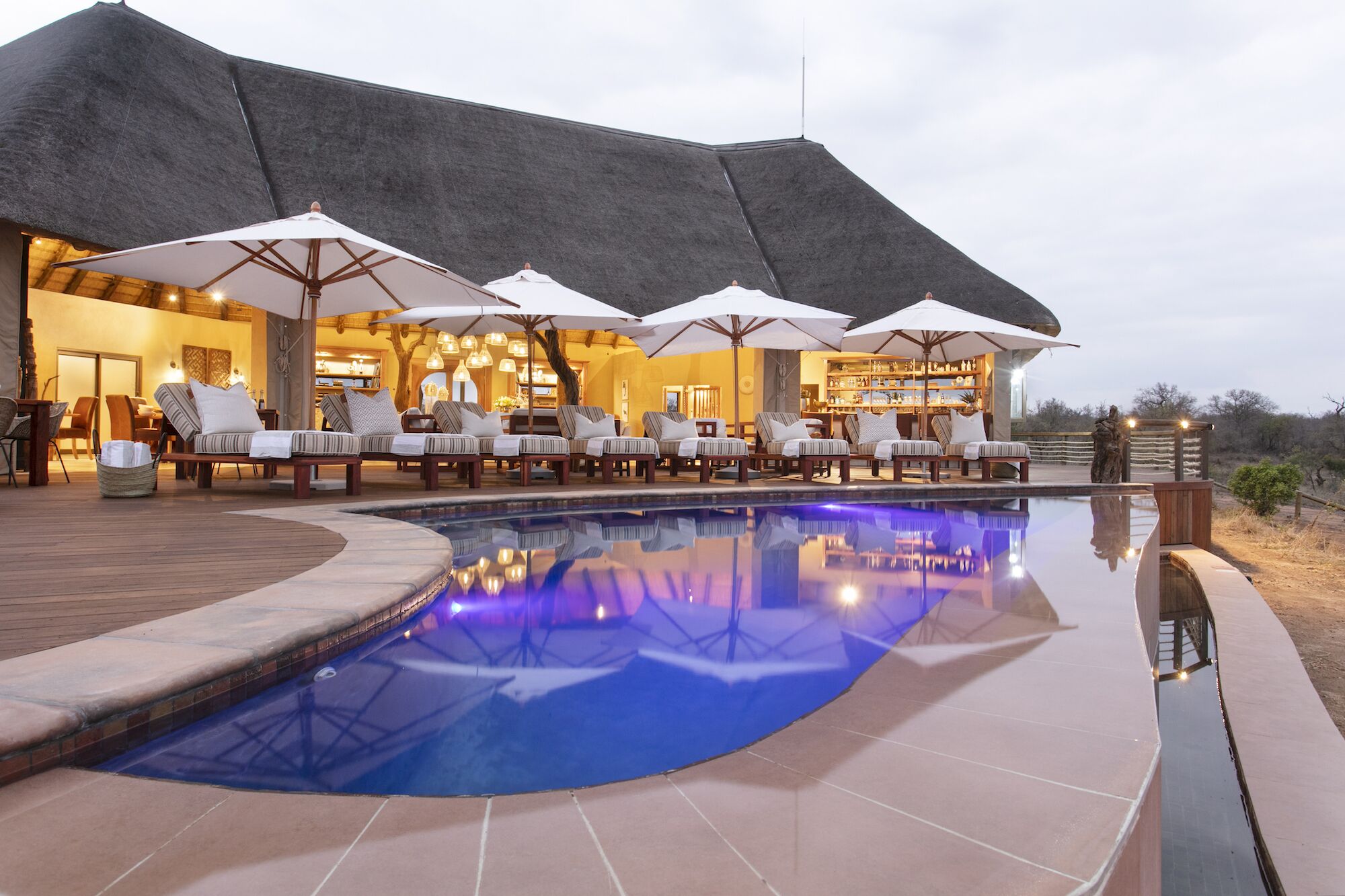 Outdoor pool, pool umbrellas, pool loungers