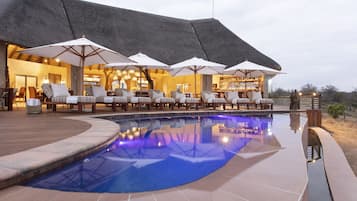 Outdoor pool, pool umbrellas, pool loungers
