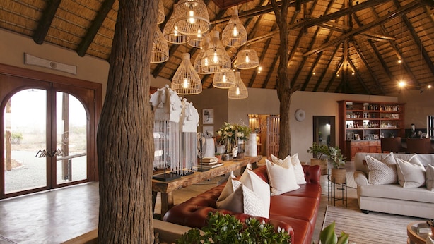 A spacious living area with a large tree, a wooden table, and a sofa. There are hanging lights and a bookshelf in the background.