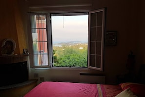 Een kamer met een bed, een raam met uitzicht op groen en gebouwen, en een open haard.