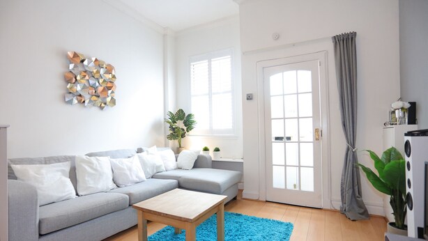Een moderne woonkamer met een grijze bank, een blauw vloerkleed en een decoratief kunstwerk aan de muur.