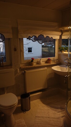 Hair dryer, towels, soap, toilet paper