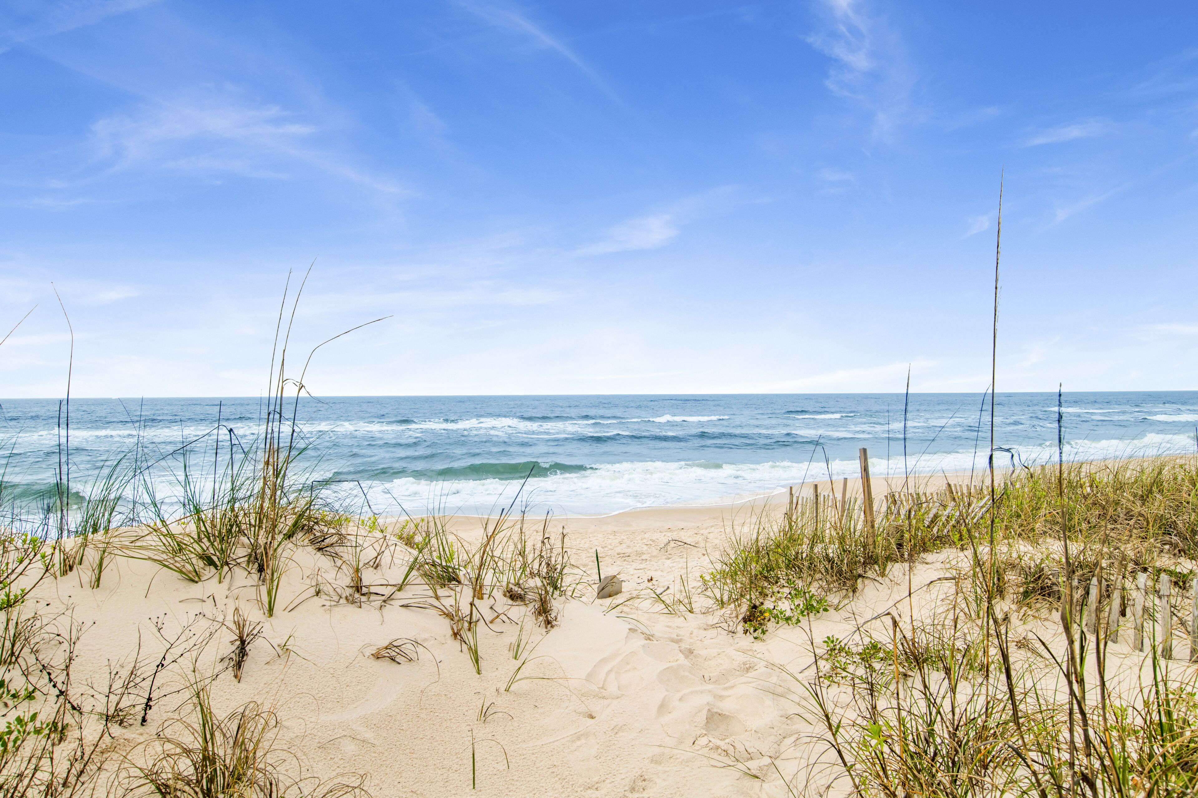 A beach with sand and sparse vegetation.