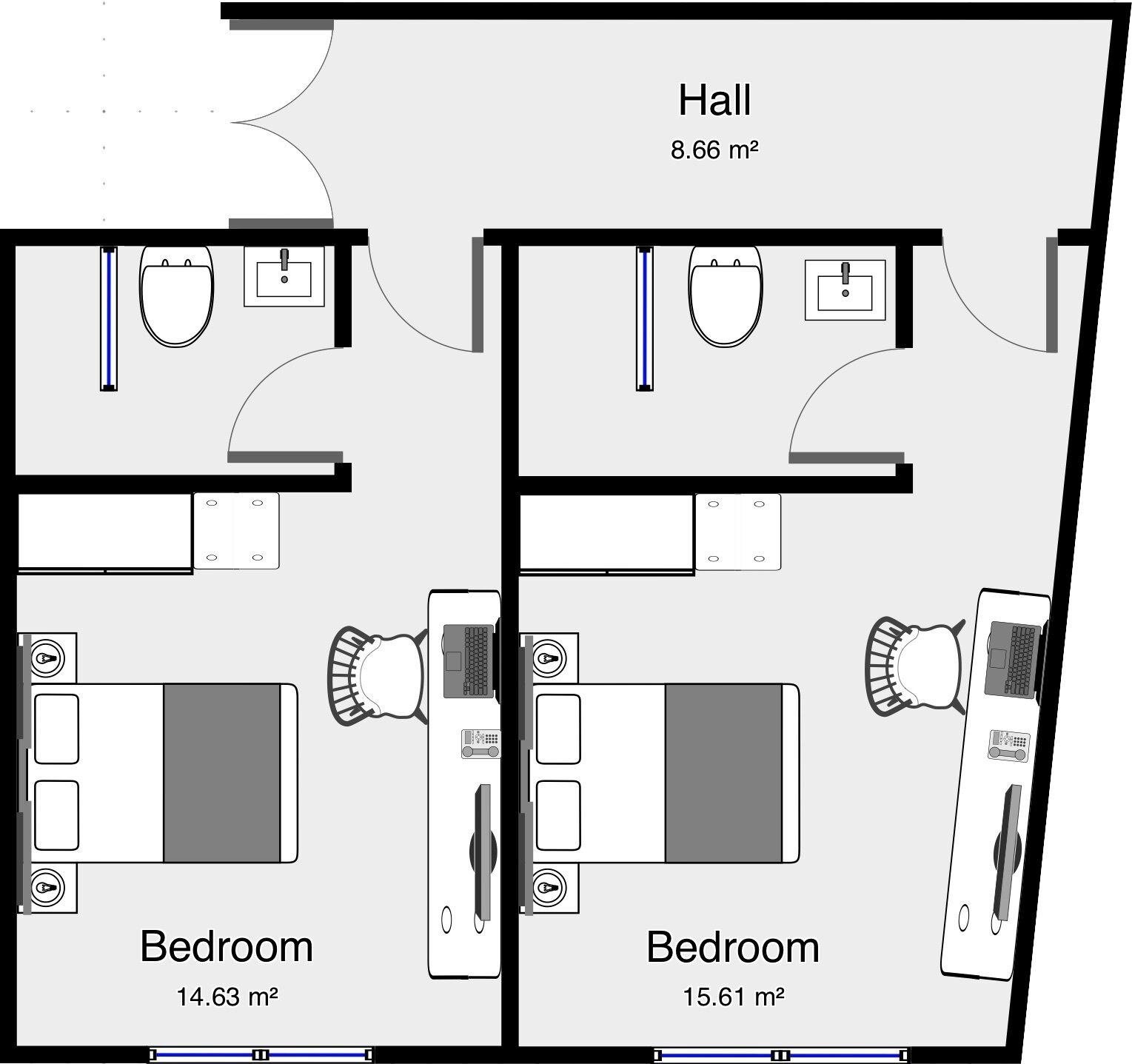 A floor plan of a hotel with two bedrooms, a bathroom, and a hall. Each bedroom has a bed, a desk, and a chair. The hall has a door and a window.