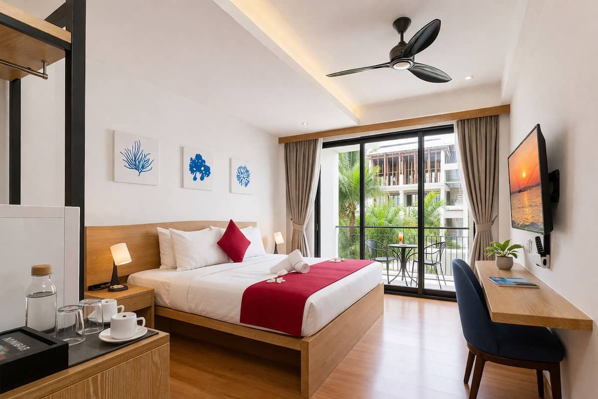 غرفة ديلوكس مزدوجة - بشرفة | خزنة داخل الغرفة ومكتب ومساحة عمل للكمبيوتر المحمول وستائر تعتيم