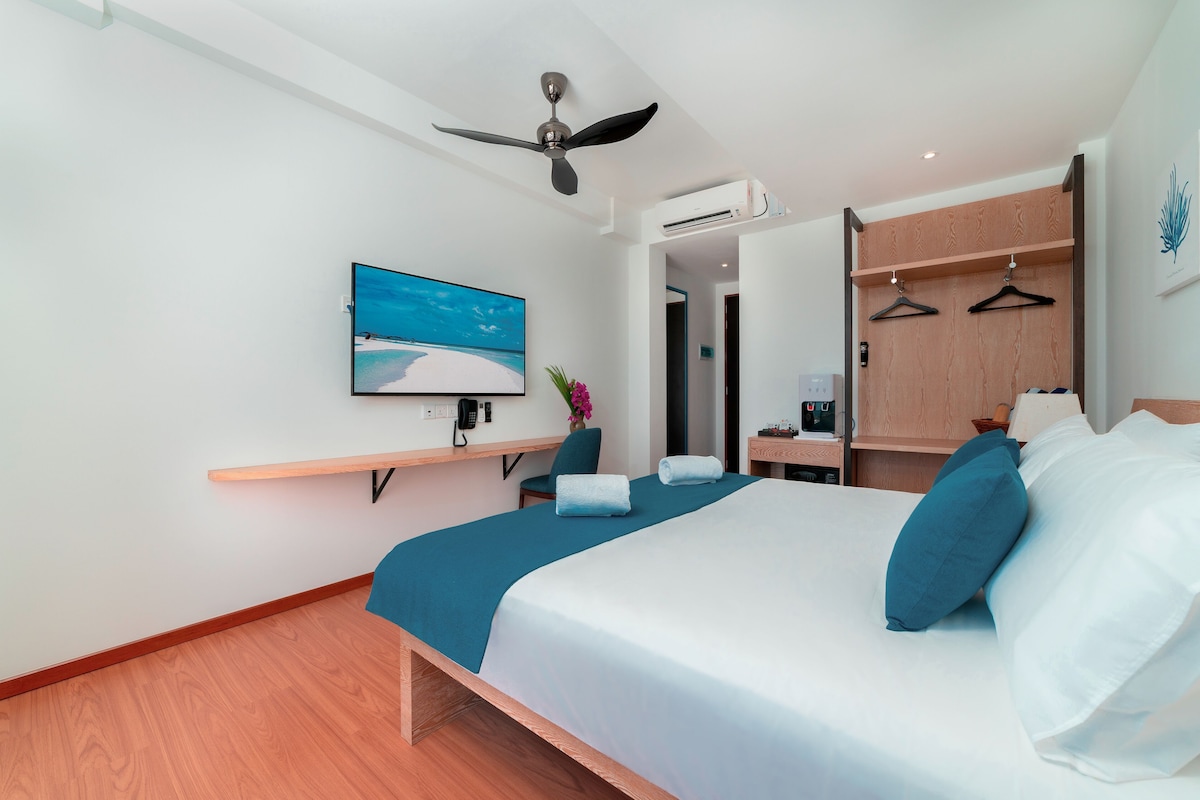 Habitación de hotel con cama, televisor, escritorio, silla, ventilador de techo y armario.
