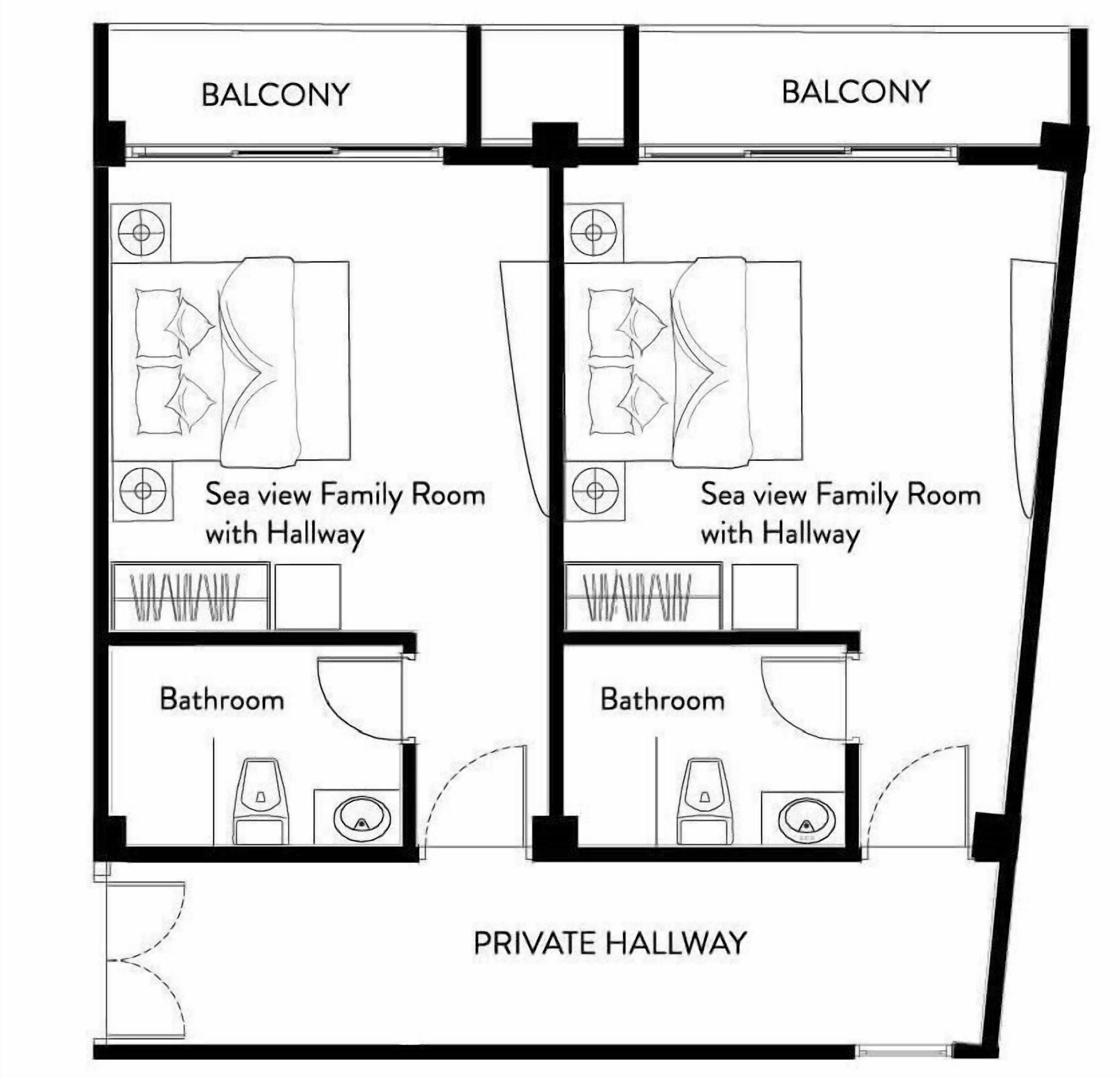 Plan d’étage d’un hôtel comprenant deux balcons, des chambres familiales avec vue sur la mer, des couloirs, des salles de bain et un couloir privé.
