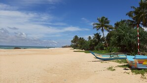 A beach with a boat, palm trees, and a clear sky. - Dollyz Home (Madampagama)