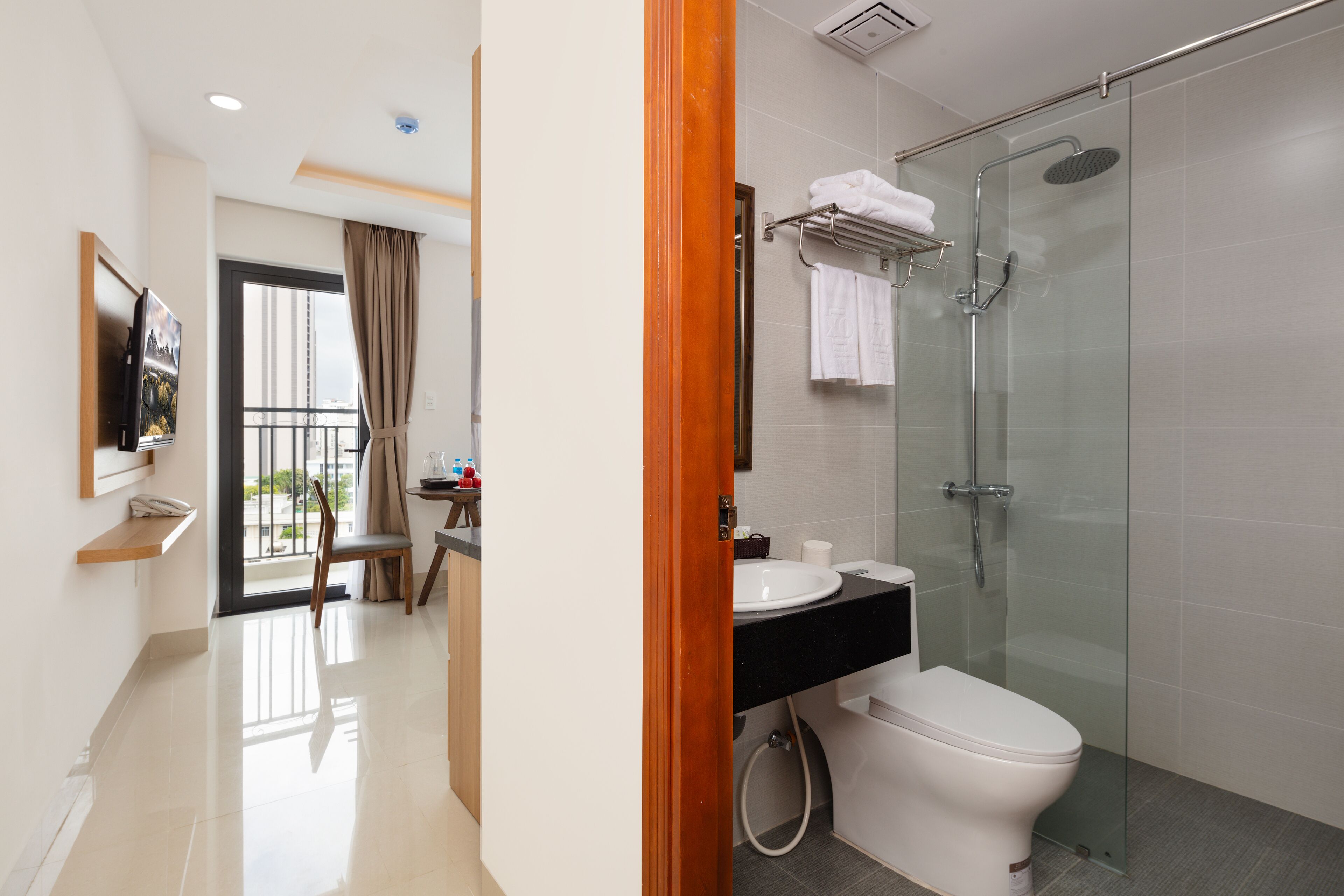 Shower, rainfall showerhead, hair dryer, slippers