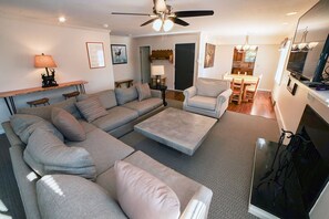 TV, fireplace, DVD player, video library