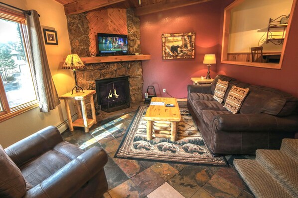 Télévision, cheminée, lecteur de DVD, vidéothèque