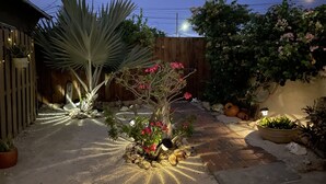 Een tuin met verschillende planten, een houten omheining en een pad van bakstenen.