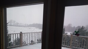 En vy genom ett fönster med ett träräcke, som blickar ut över ett snötäckt landskap med träd och ett staket.