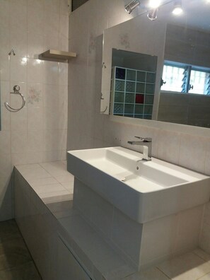 Shower, hair dryer, towels, soap