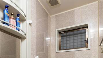 Combined shower/tub, hair dryer, towels, soap