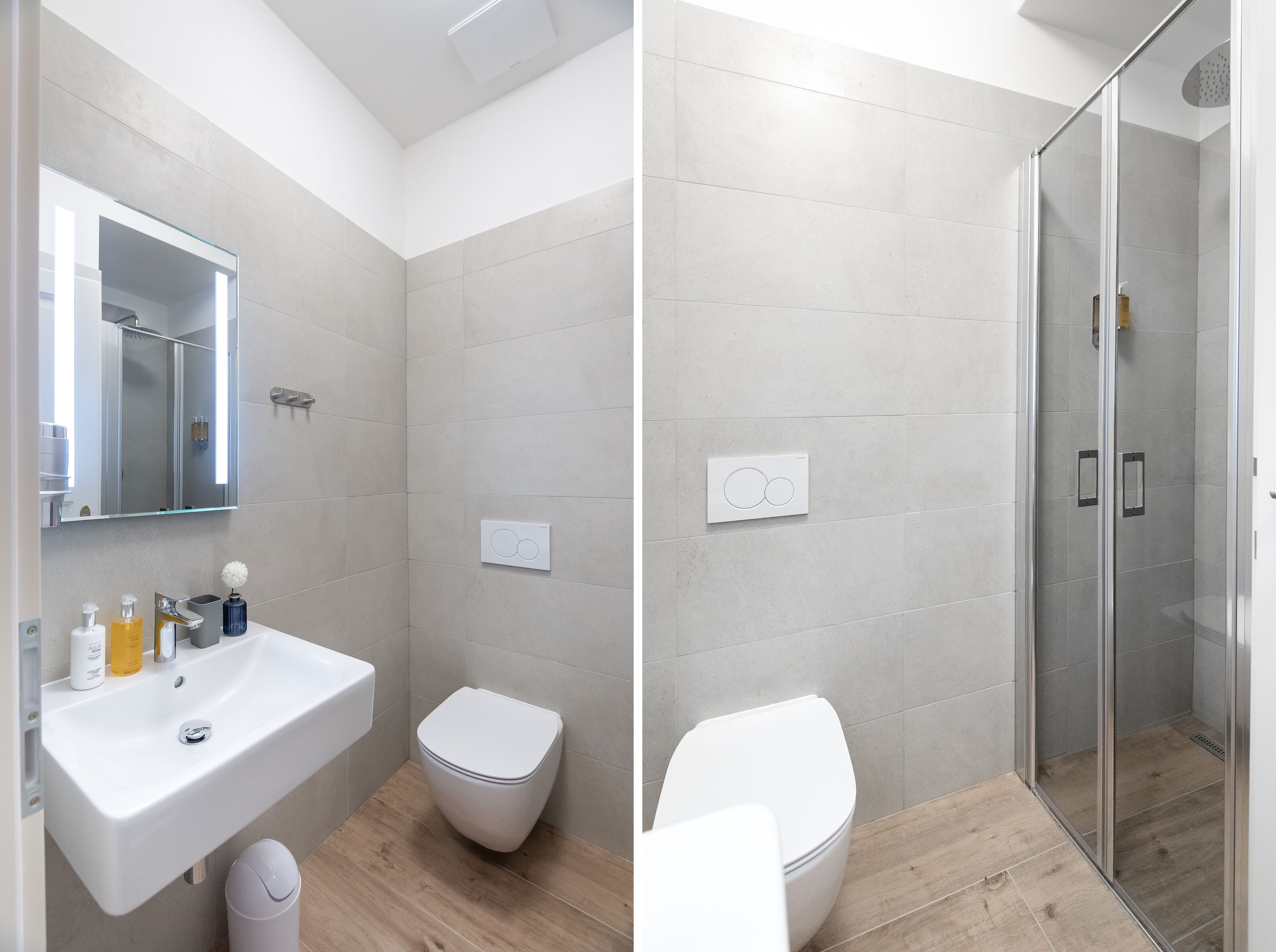 Apartamento superior (101-102) | Baño | Ducha, cabezal de ducha tipo lluvia, secador de pelo y suelo radiante