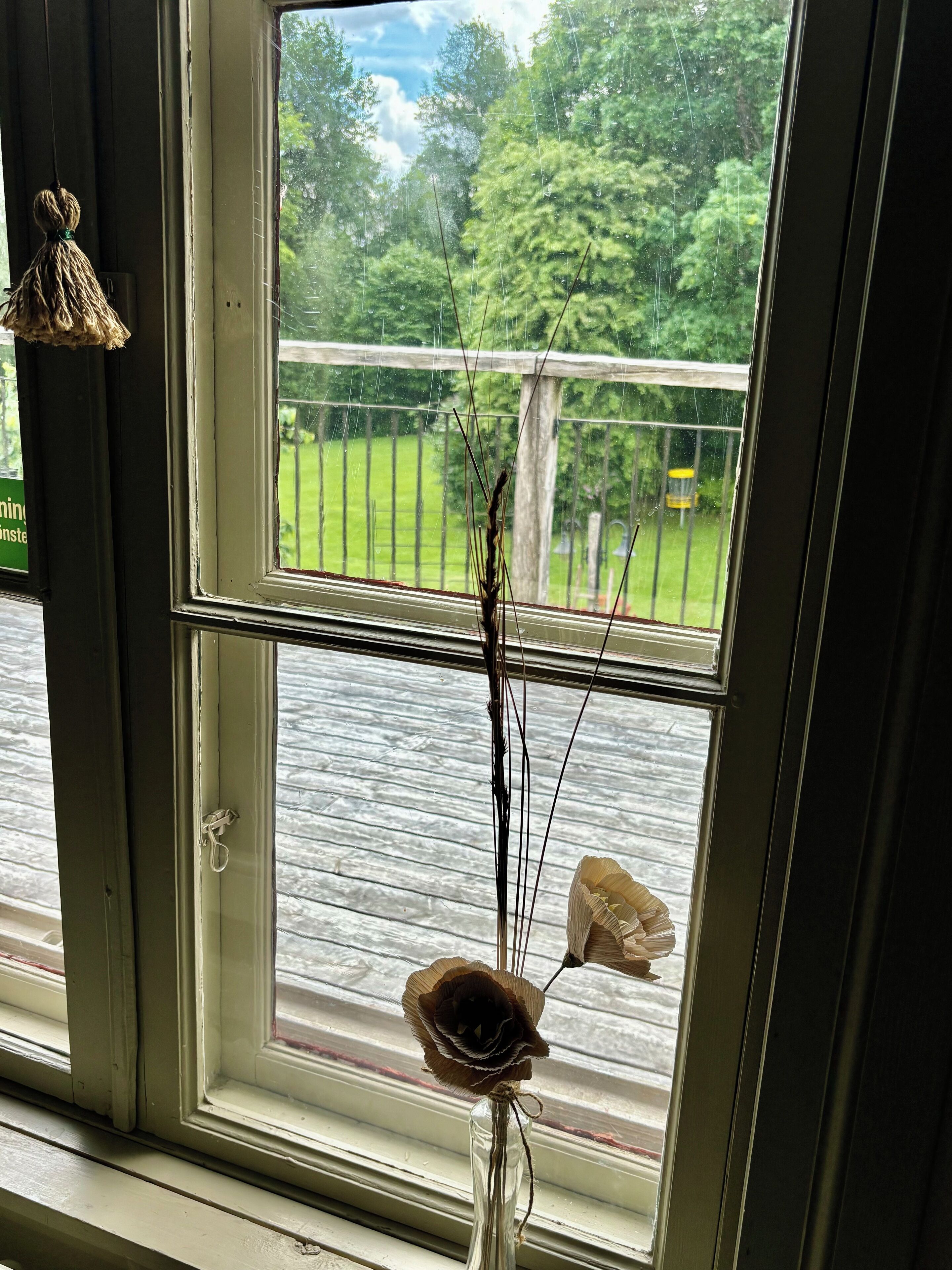 A window with a view of a green landscape and a metal railing.
