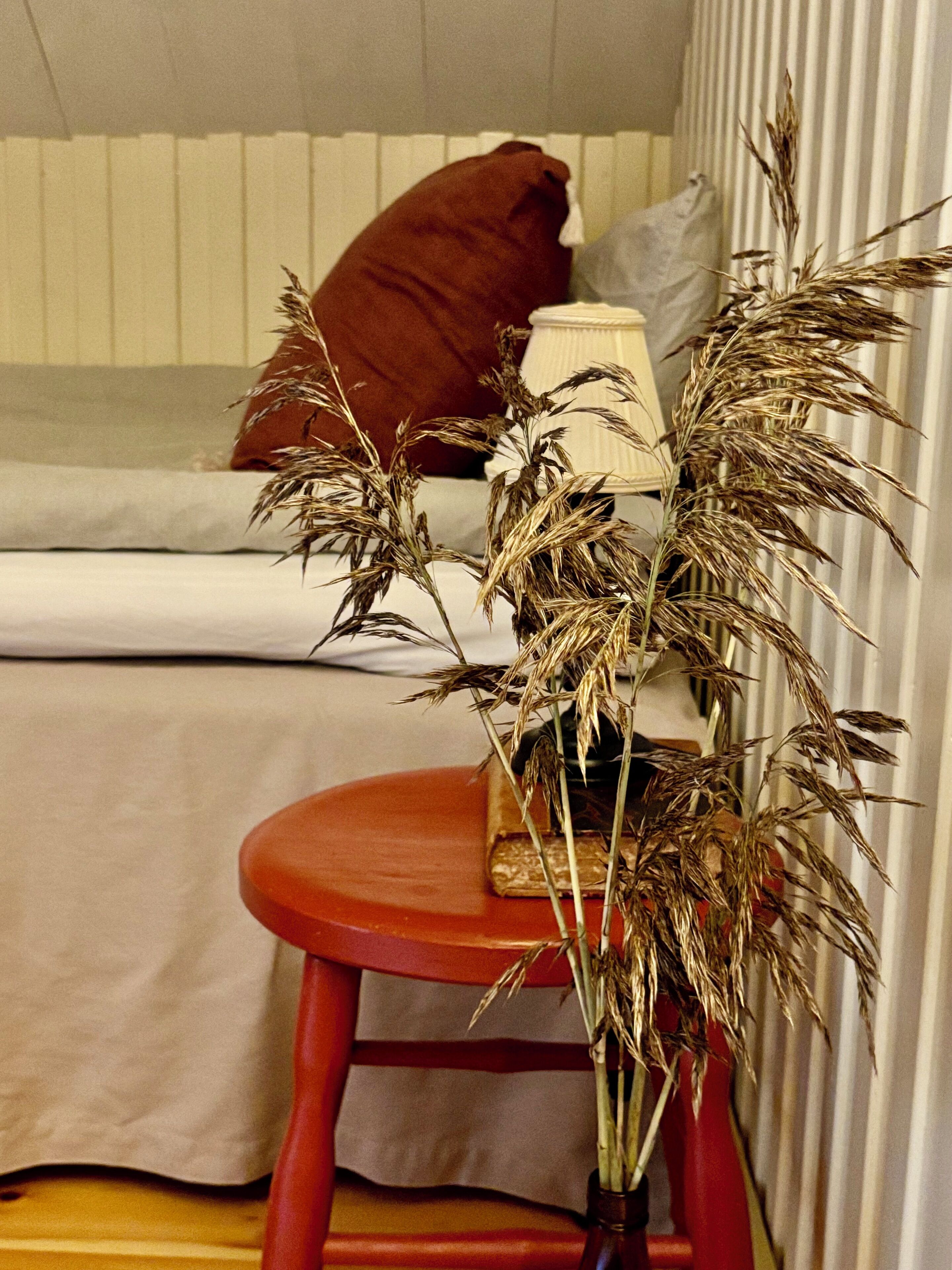A bed with a white mattress and a brown pillow, a small red stool with a vase of dried plants, and a radiator in the background.