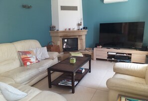 Télévision, cheminée, livres, médiathÚque