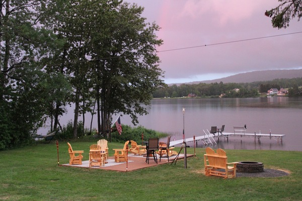 Outside seating and dock looking out on the lake