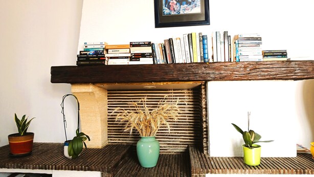Una chimenea con repisa de madera, rodeada de libros y plantas en macetas.