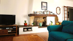 Una sala de estar con televisión, sofá, mesa de centro, chimenea y estanterías.