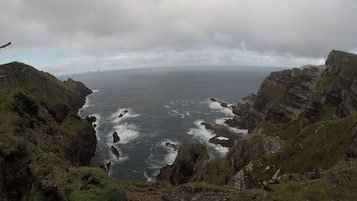 A coastal landscape with rocky cliffs and a view of the sea.