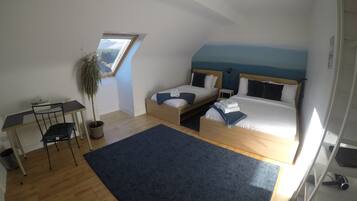 Une chambre avec deux lits, un bureau, une chaise, une plante en pot et une vue sur le ciel grâce à une lucarne.