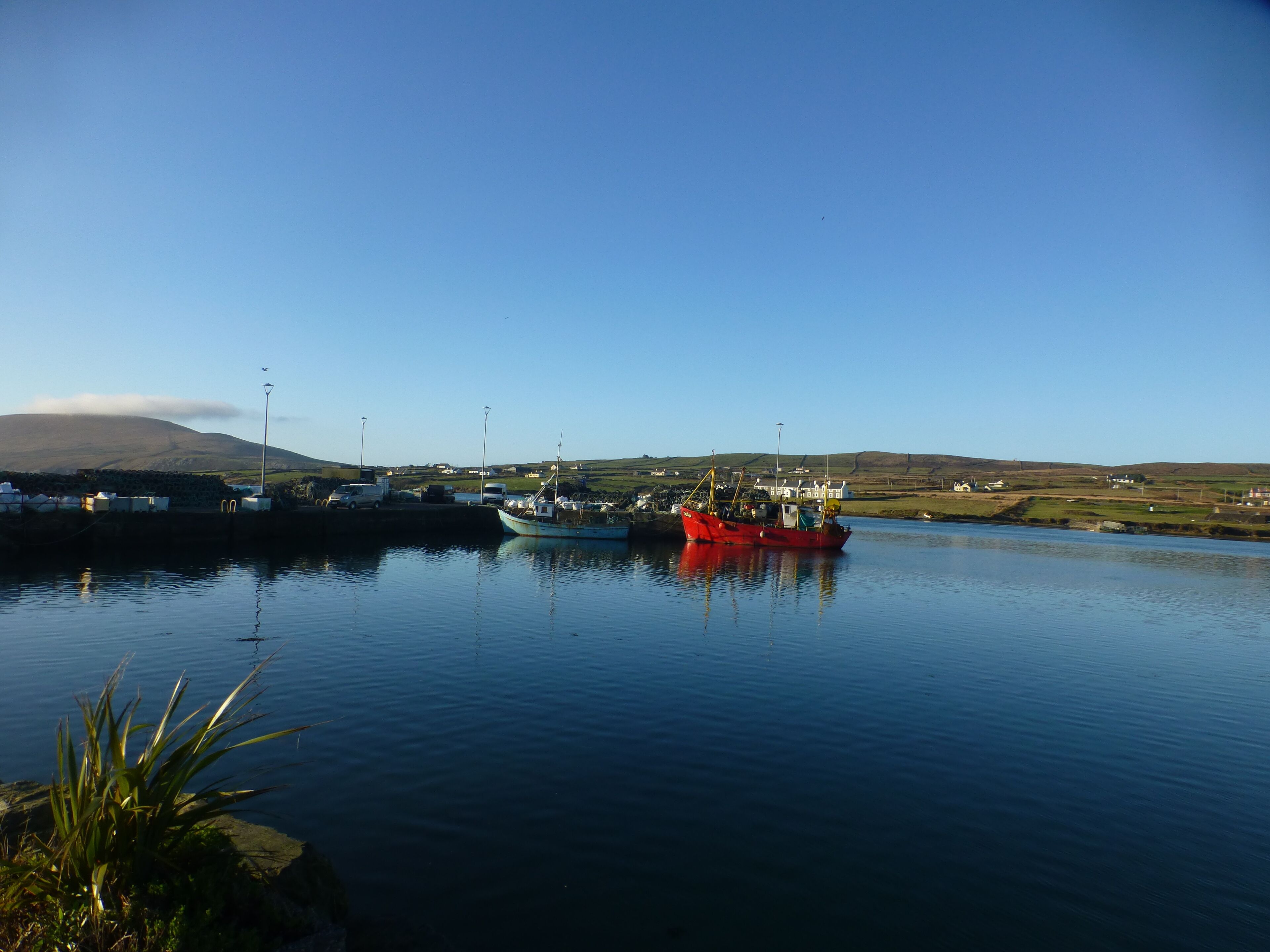 Un puerto tranquilo con barcos amarrados, un cielo despejado y un paisaje montañoso al fondo.