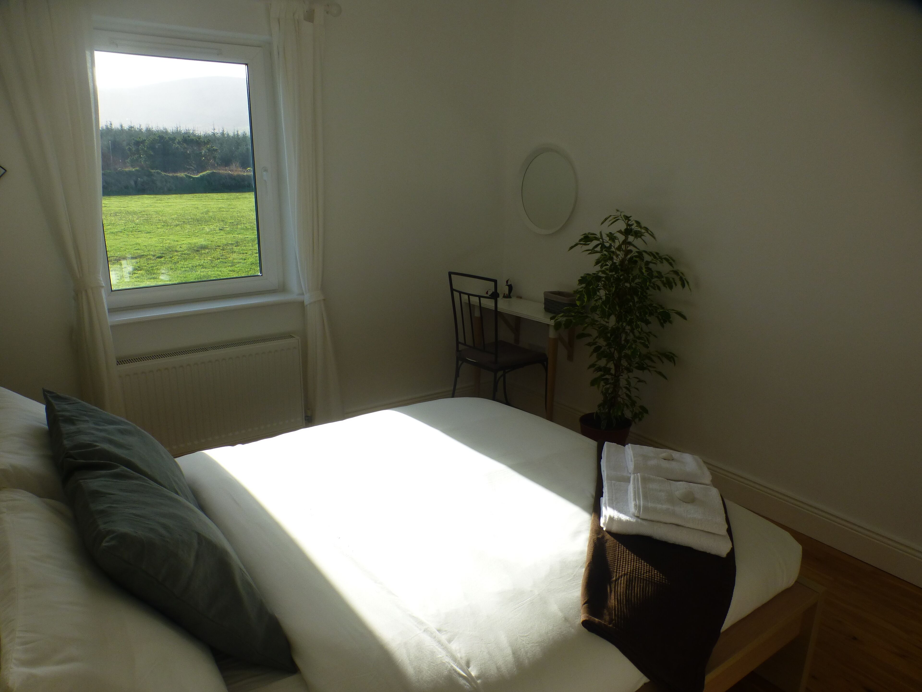 Une chambre à coucher avec un lit, une chaise, un bureau et une plante en pot.