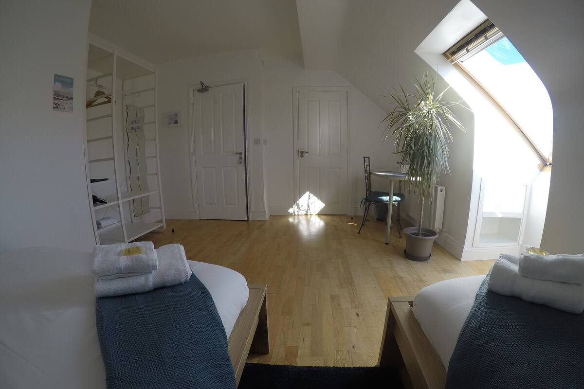 Quarto com duas camas, piso de madeira, claraboia, planta em vaso e guarda-roupa branco.