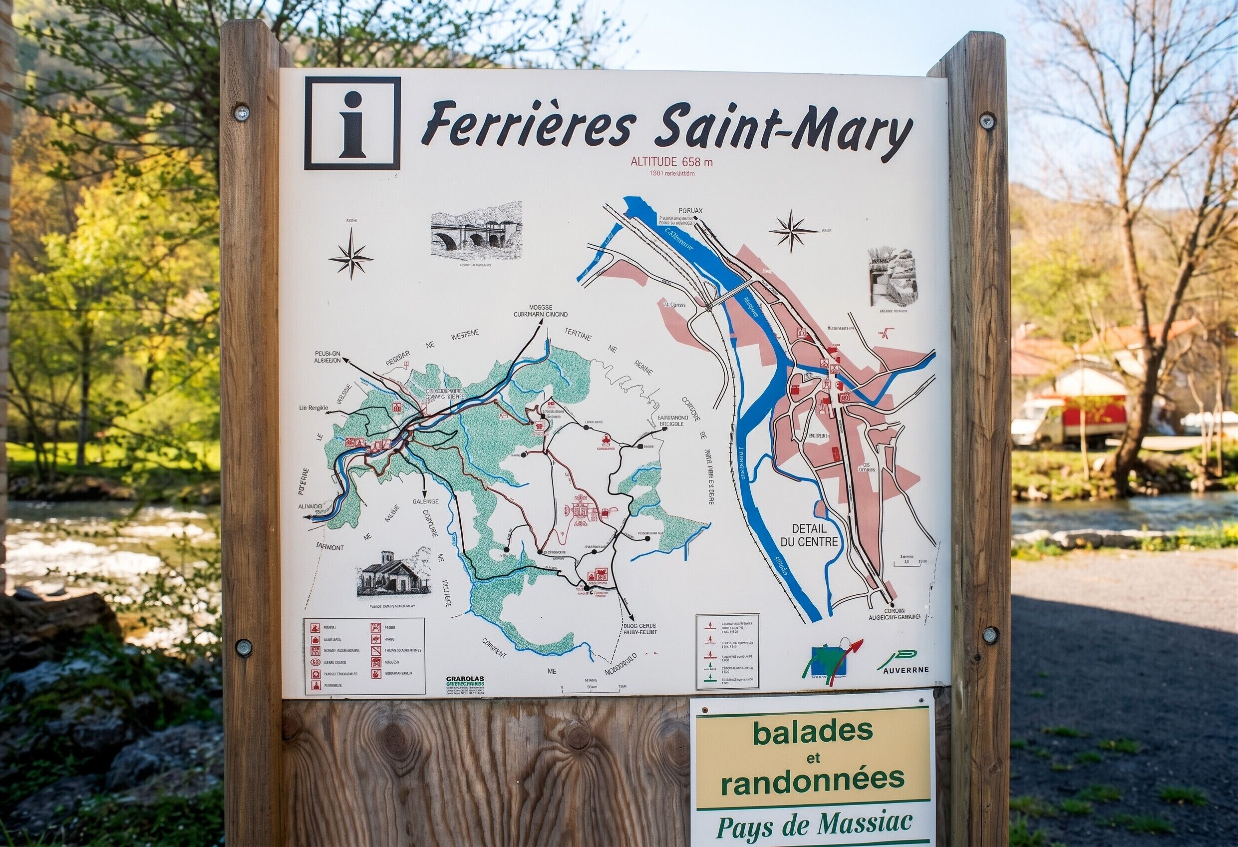 A map of Ferrières Saint-Mary with a sign indicating altitude and a label for 'balades et randonnées' in the Pays de Massiac.