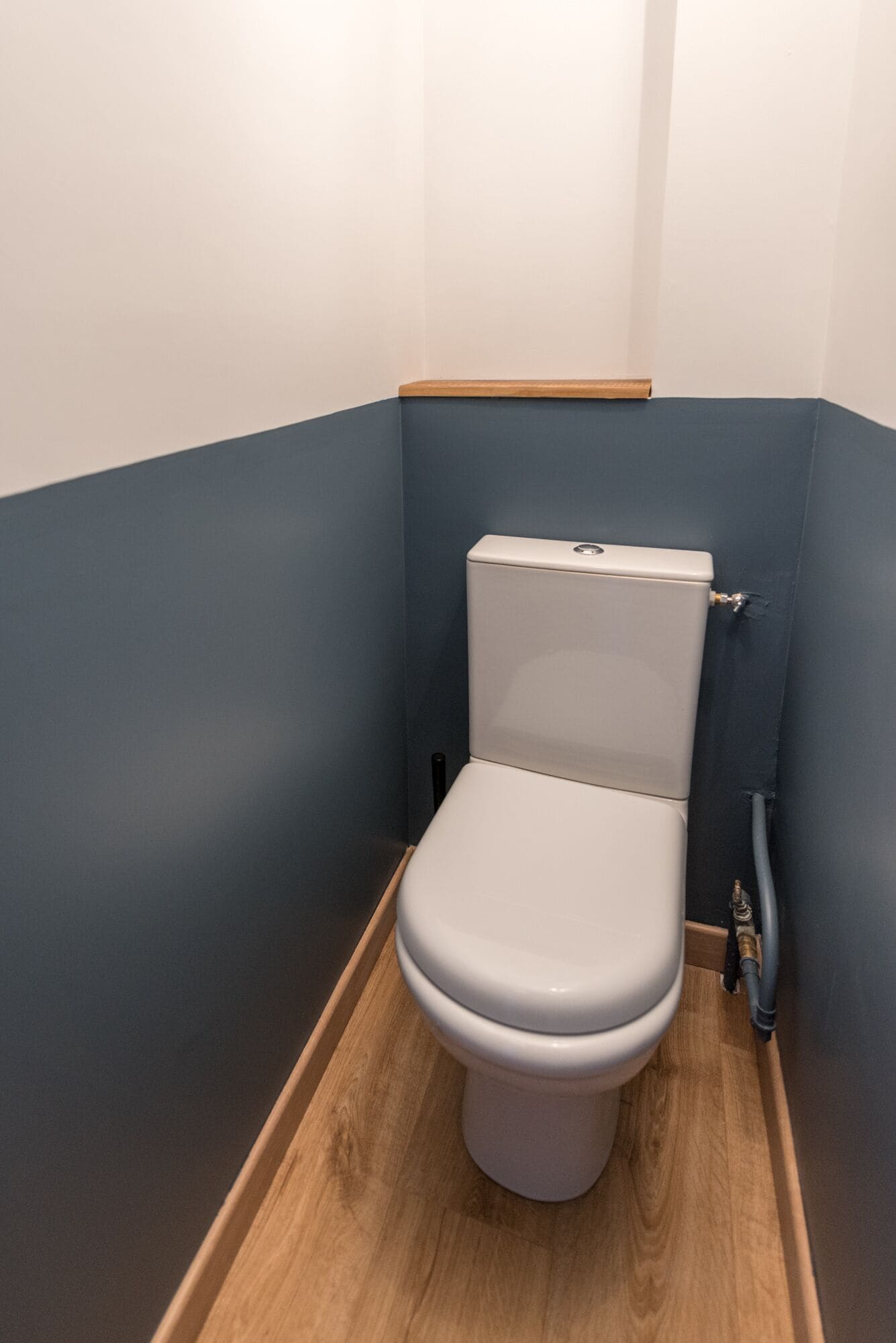A small, modern bathroom with a white toilet, dark blue walls, and a wooden floor.